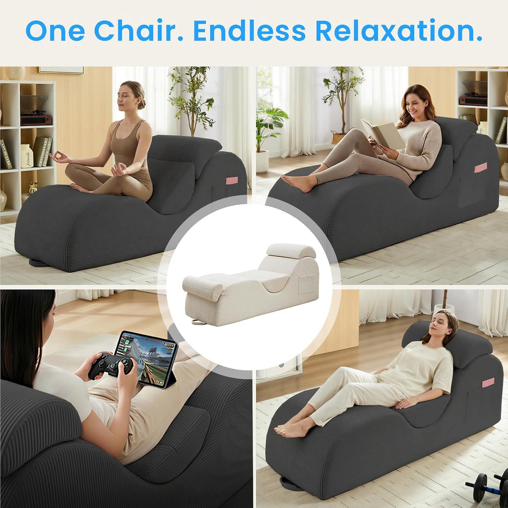 ijuicy 25' Wide Ergonomic Stretch Yoga Chair, Modern Floor Relax Chaise Lounge Chair with Adjustable Headrest, Waist Support Cushion, Movable Footrest & Side Pockets-Light Grey