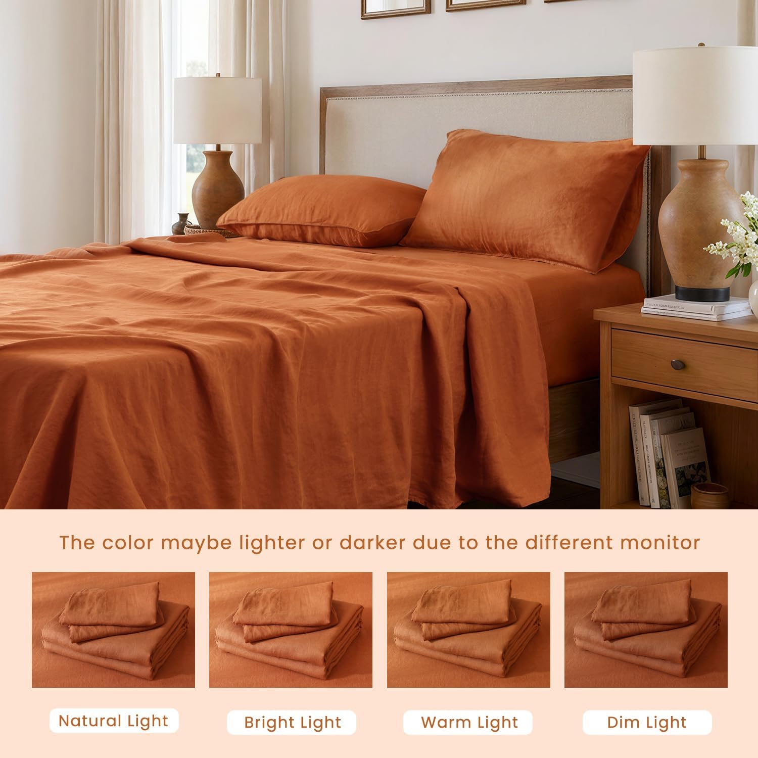 S VICTORY SYMBOL 100% Organic Linen Sheets Set King Size,Natural French Linen Bed Sheets,Stone Washed 4 Pieces Bedding Set,Ultra Soft Luxurious(Caramel,King)