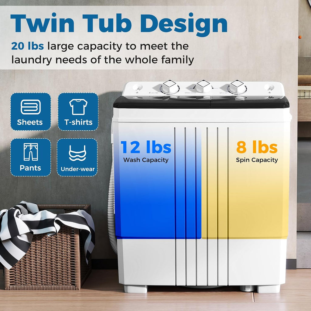 COSTWAY Portable Washing Machine, Twin Tub 20 Lbs Capacity with Drain Pump, Laundry Washer 12 Lbs and Spinner 8 Lbs with Timer Control, Perfect for Apartment Dorm RV, Black+White