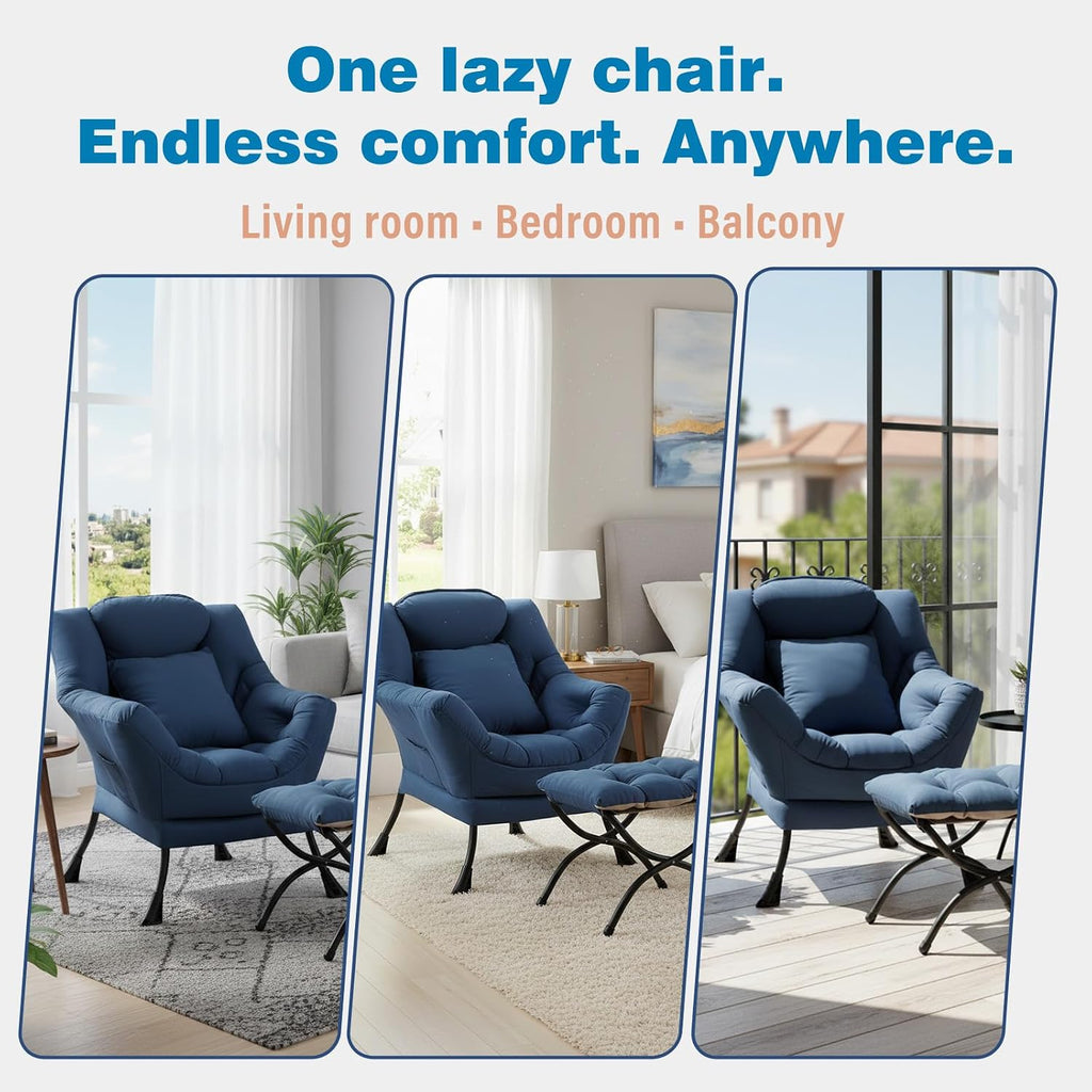 Lazy Chair with Ottoman, Reading Chair with a Pillow, Leisure Sofa Armchair with Ottoman, Large Accent Chair for Bedroom, Living Room, Dorm Room, Peach Royal Blue