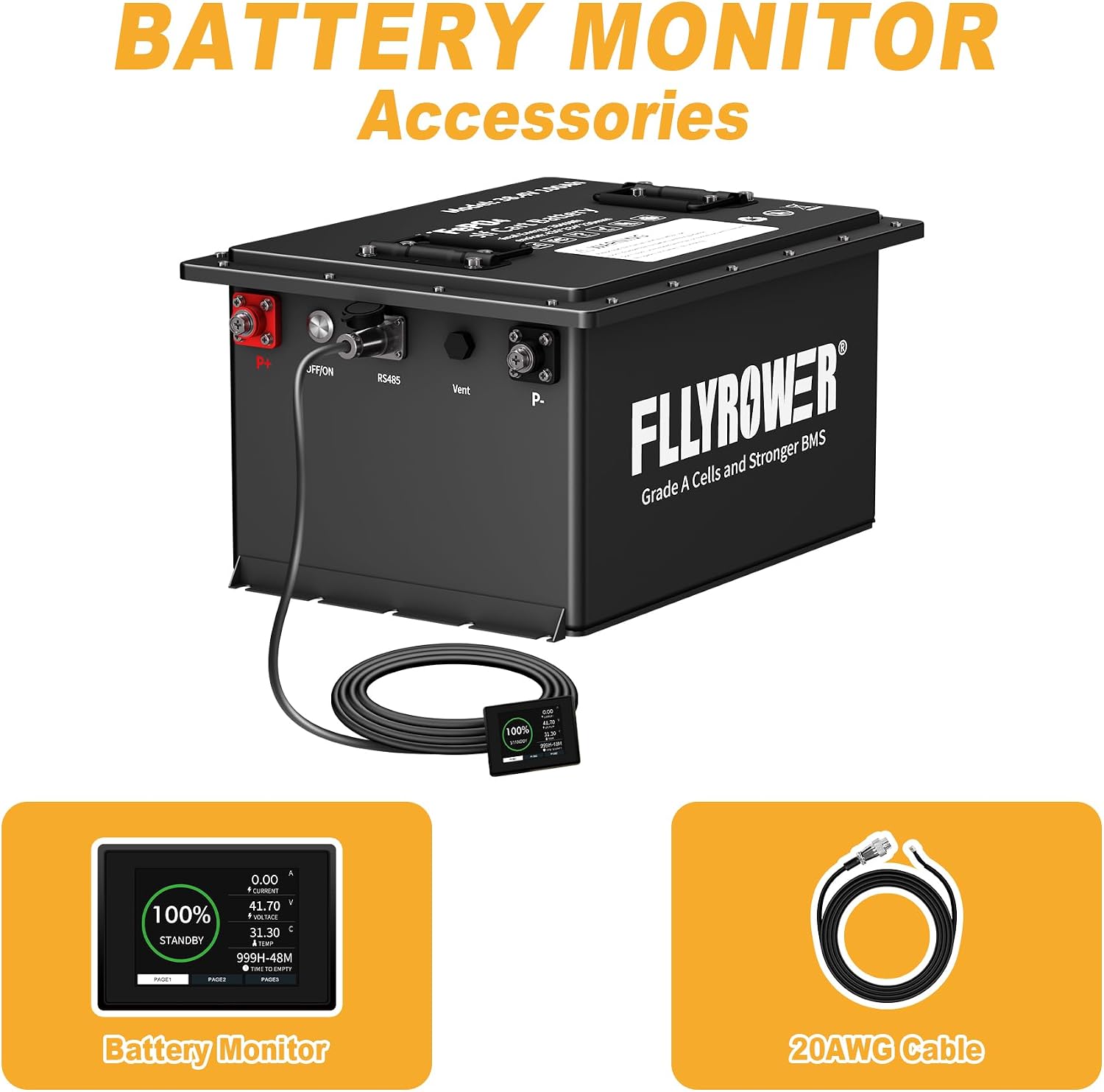 FLLYROWER Golf Cart Lithium Battery 36V 105AH with 16500 Deep Cycles and BMS Lifepo4 Battery 36V Grade A Cells Include 20A Charger and Monitor for Golf Cart