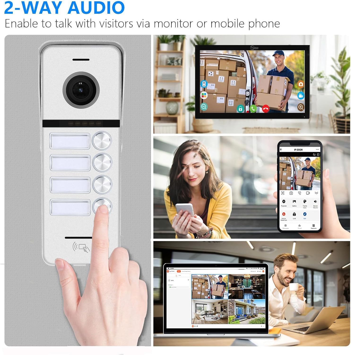 Wired Apartment Video Doorbell Intercom System,4 Units Touch Screen WiFi Monitor,Wireless Video Door Phone Kit,Indoor Outdoor Support Monitoring,Unlocking for Home Vally (10 inch White Monitor)
