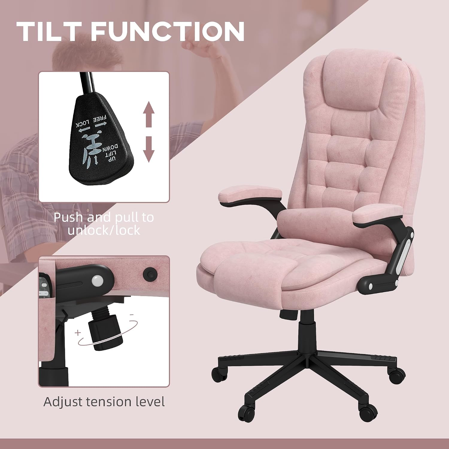 HOMCOM Executive Office Chair with 6 Points Vibration Massage and Heated Lumbar Support, Velvet High Back Computer Chair with Reclining Backrest, Tilt Function and Padded Armrests, Pink