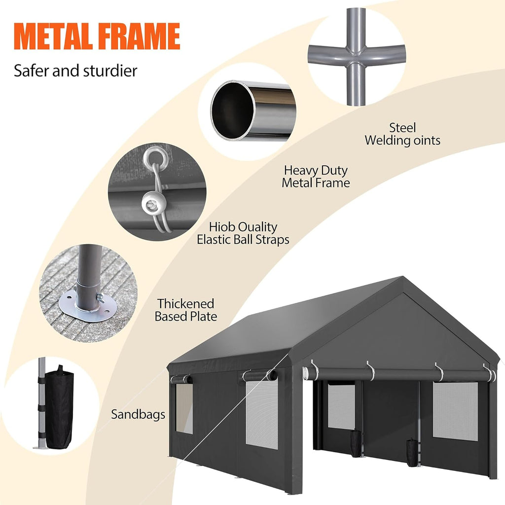 JAMFLY Carport, 12x20 ft Heavy Duty Carport with Roll-up Windows, Portable Garage with Removable Sidewalls & Doors, Car Canopy with Sandbags and All-Season Tarp for Car Boat Truck Motorcycle, Grey