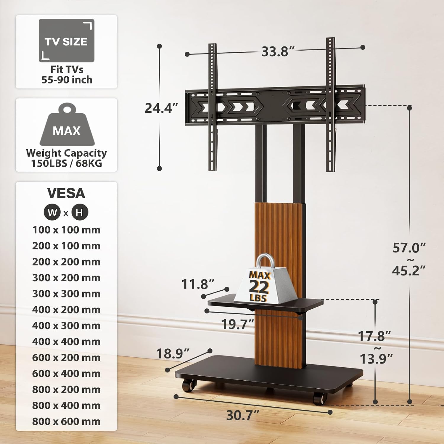 TVON Heavy Duty Rolling TV Stand for 55-90 inch Large TVs up to 150 lbs, Mobile TV Cart with Height Adjustable Mount and Large Storage Shelf, Tall TV Stand with Wooden Base, Black and Walnut