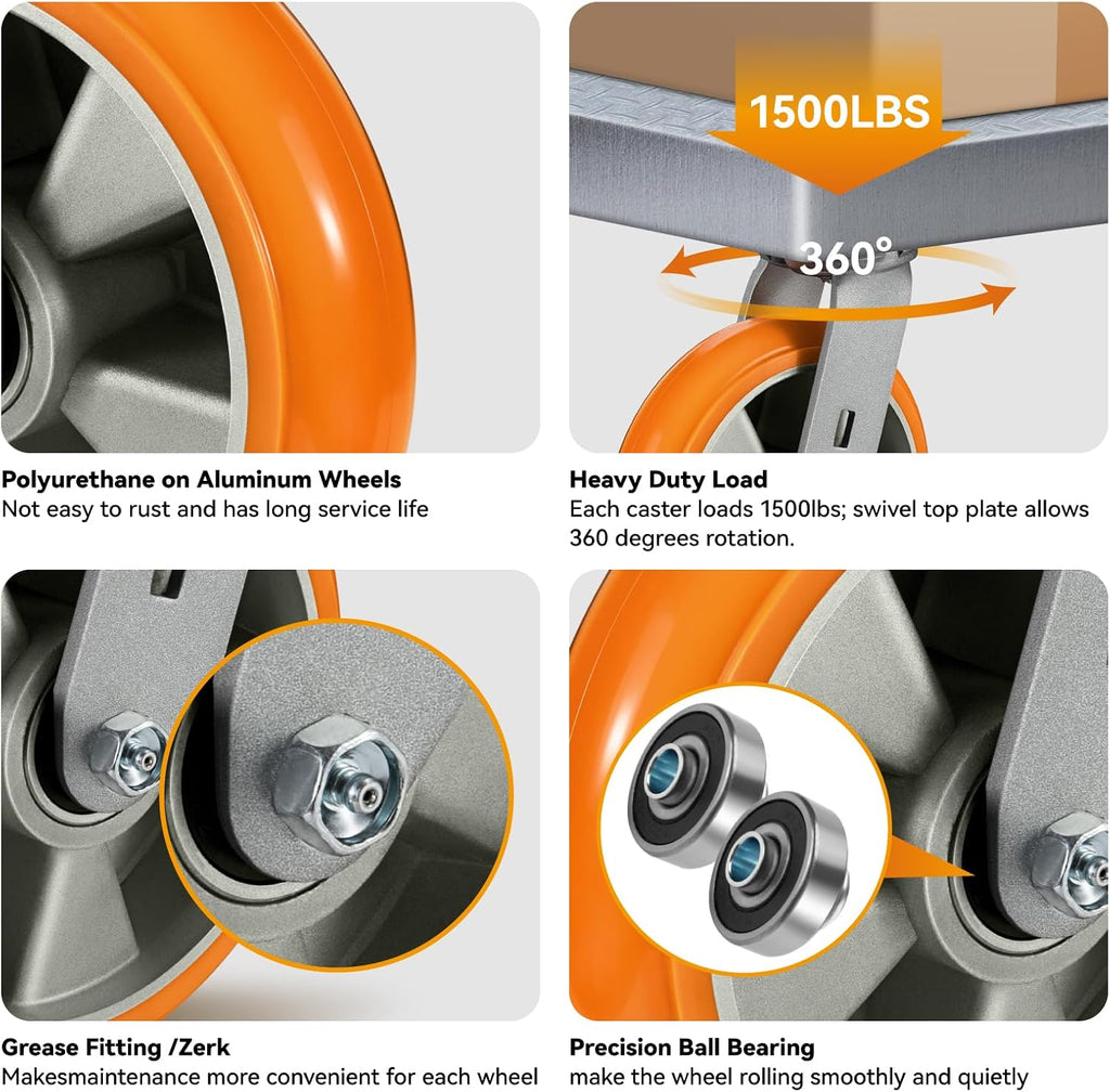 8' Heavy Duty Casters, Industrial Swivel Caster Wheels, Crowned Tread Aluminum Core Thickened Polyurethane Casters Set of 4 with Load 6000lbs Capacity, Wheels for Cart Toolbox (4 Swivel)