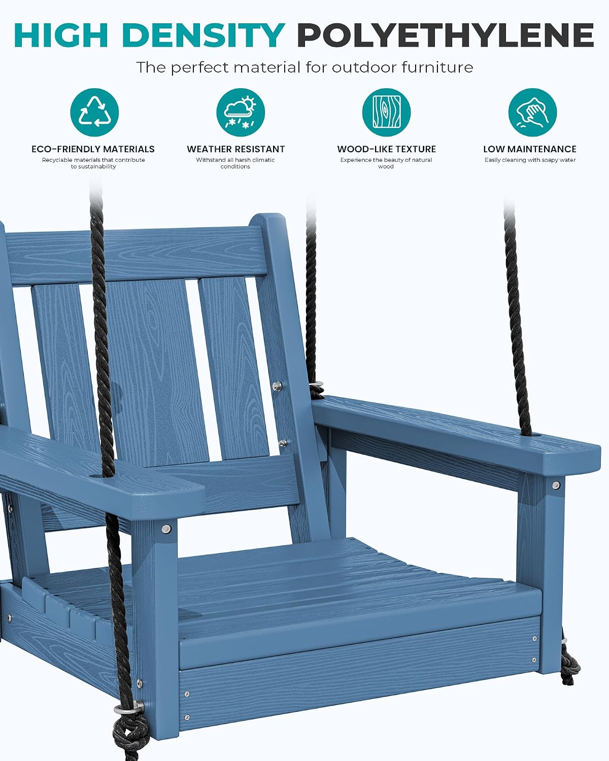 SERWALL HDPE Single Porch Swing, Heavy Duty Single Person Swing Chair with 2 Polypropylene Hanging Ropes, Adirondack Hanging Chair for Outdoor Front Porch Patio Garden Yard, Blue
