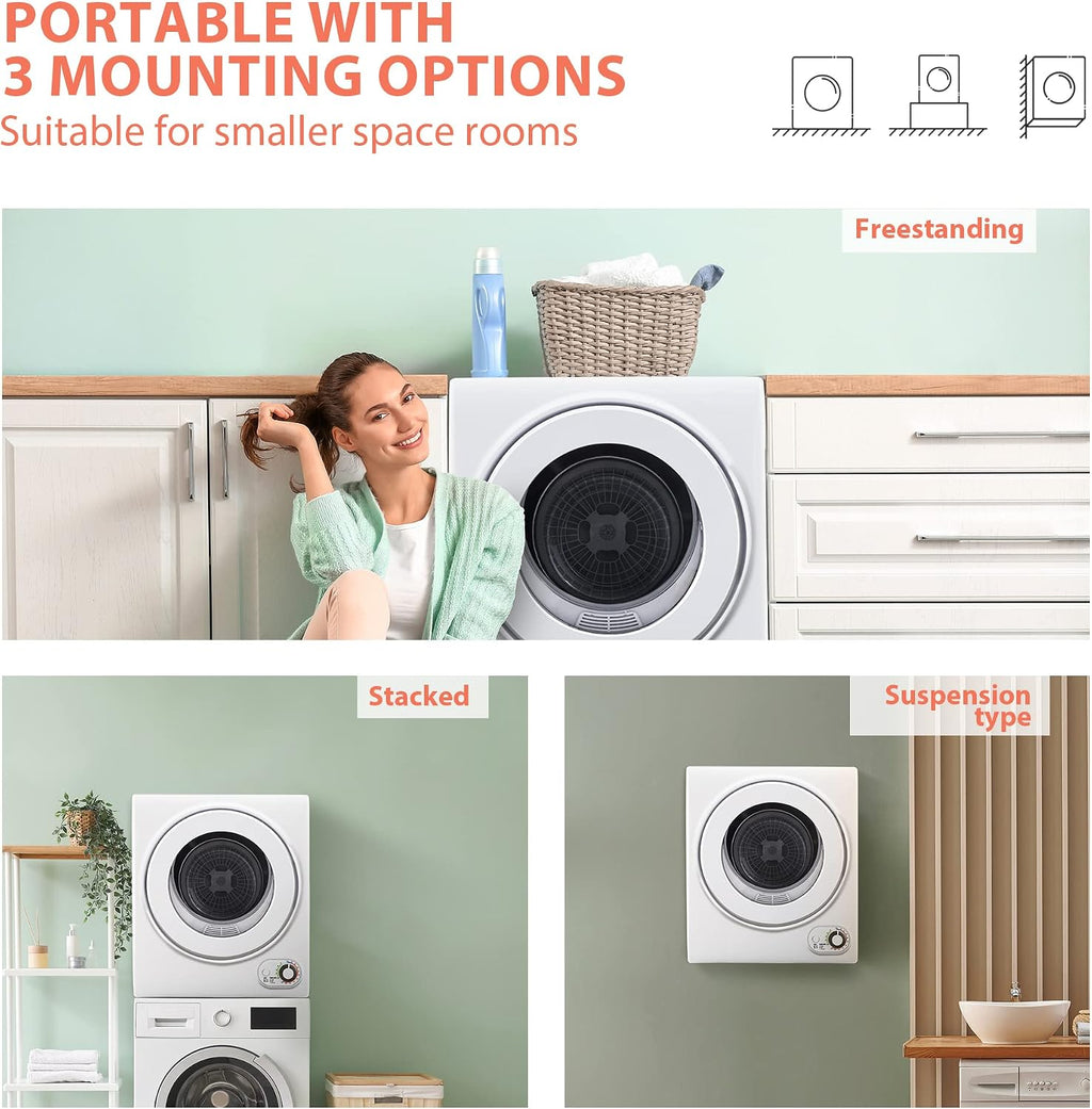 Euhomy Portable Dryer 1.5 cu. ft., 850W Powerful Clothes Dryer with Stainless Steel Drum and Exhaust Hose, Dryer Ideal for Apartments, RVs, Dorm Rooms，White