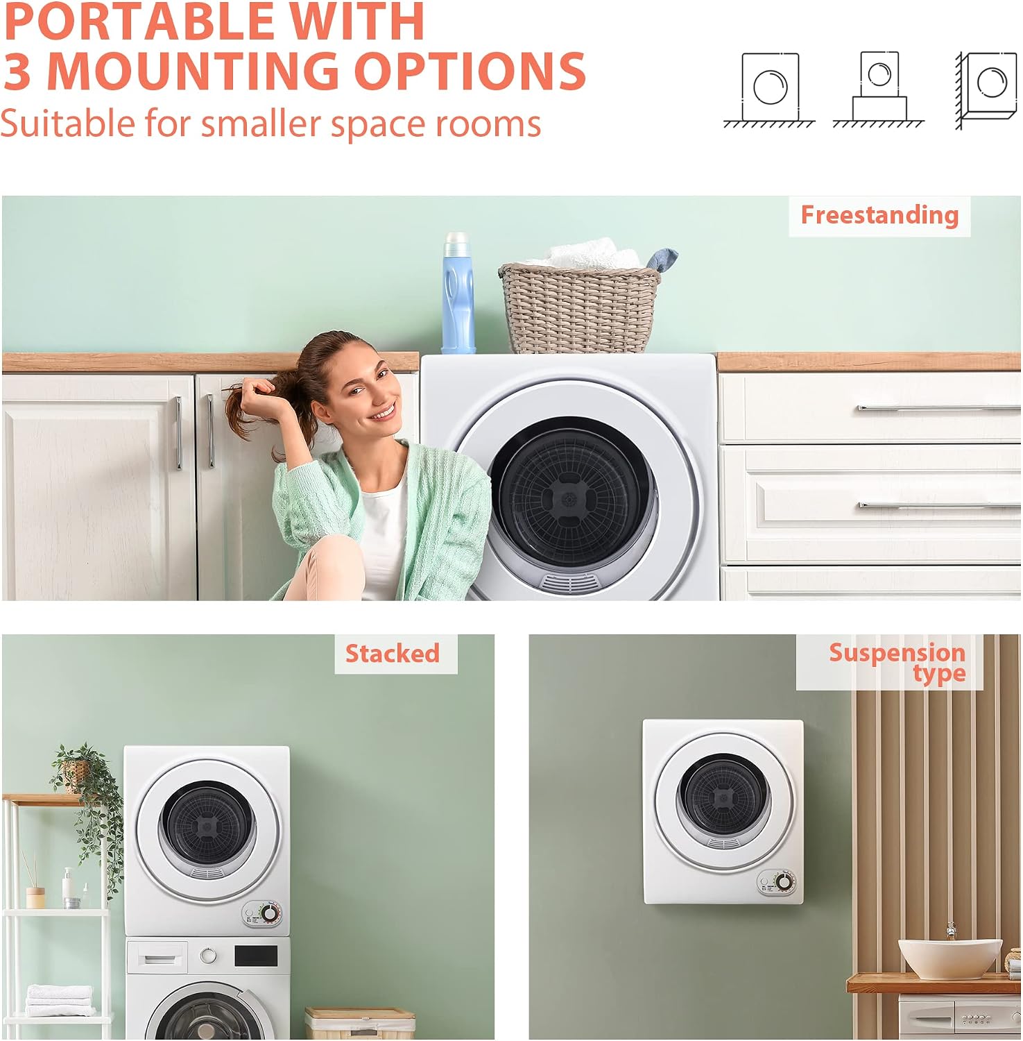 Euhomy Portable Dryer 1.5 cu. ft., 850W Powerful Clothes Dryer with Stainless Steel Drum and Exhaust Hose, Dryer Ideal for Apartments, RVs, Dorm Rooms，White