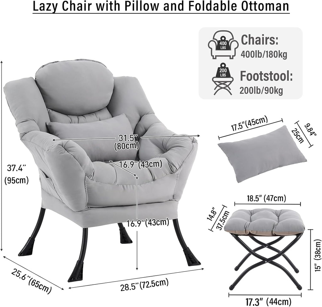 Lazy Chair with Ottoman, Modern Accent Chair with Lumbar Pillow, Grey Sofa, Armchairs with Folding Footrest, Oversized Supportive Chairs for Bedroom, Reading