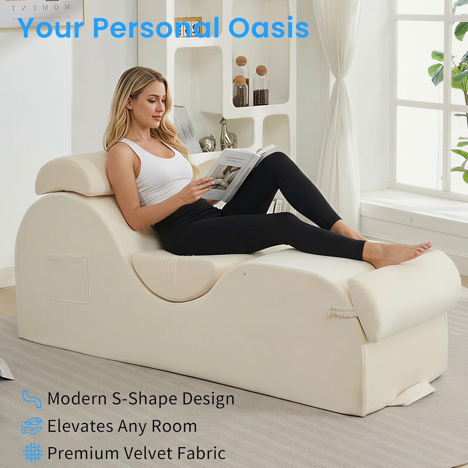 ijuicy 25 Inch Yoga Stretch Chair, Velvet Household Fitness Training Chair, Indoor Relaxation Recliner with Headrest & Adjustable Footrest, Beige