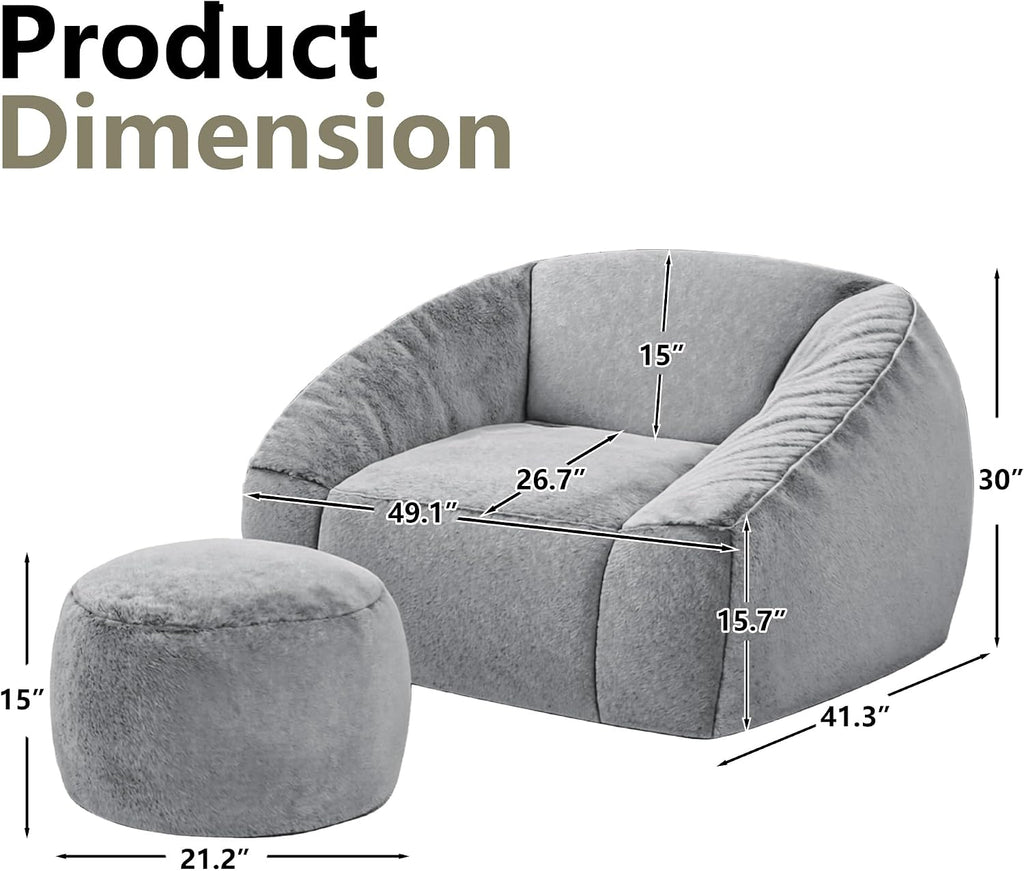 Bean Bag Chairs with Ottoman for Adults, Comfy Beanbag Chair with High-Resilience Foam, Oversized Bean Bag Sofa with Soft Faux Fur Fabric, Bean Bag Chair for Living Room,Bedroom,Light Grey
