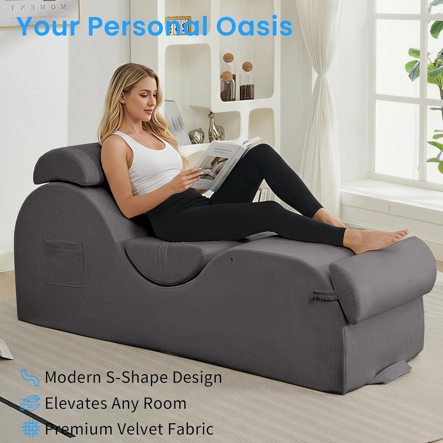 ijuicy 25 Inch Yoga Stretching Chair, Soft Velvet Household Workout Training Chair, Indoor Leisure Lounge Chair with Headrest and Movable Footrest for Body Stretching & Daily Relaxation, Light Grey