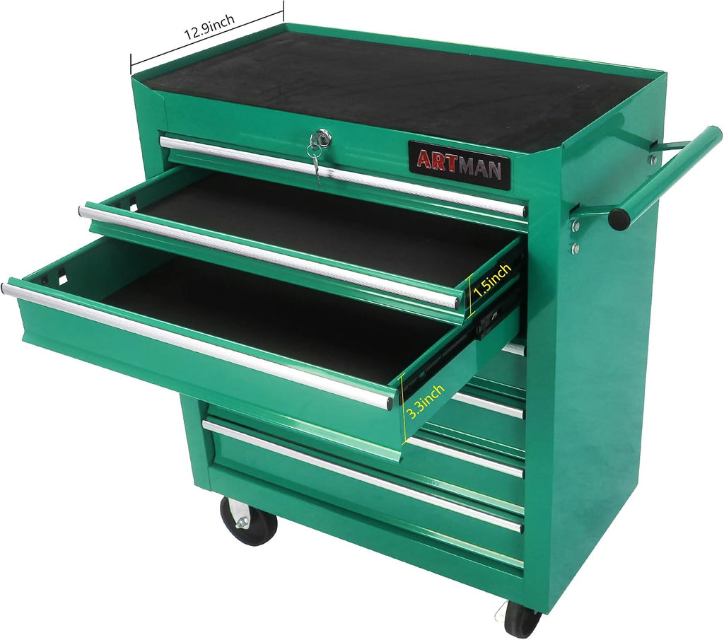 7 Drawer Tool Cart: Multifunctional US General Tool Box on Wheels and Rolling Toolbox (Green)
