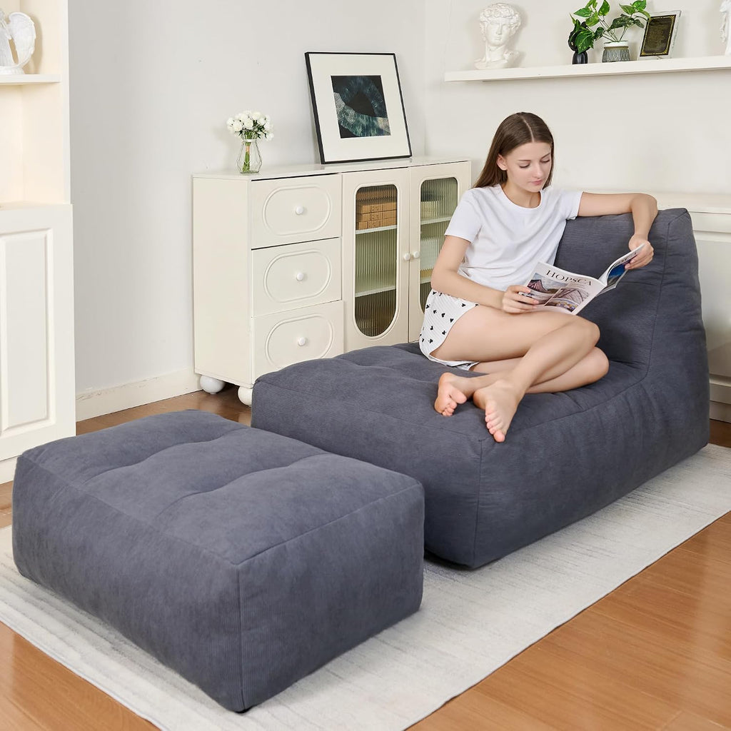 Bean Bag Chair with Ottoman, Giant Bean Bag Chairs for Adults with Memory Foam, Comfy Bean Bag Sofa for Bedroom, Lounge Beanbag of Reading and Gaming with Filler Included(Gray)