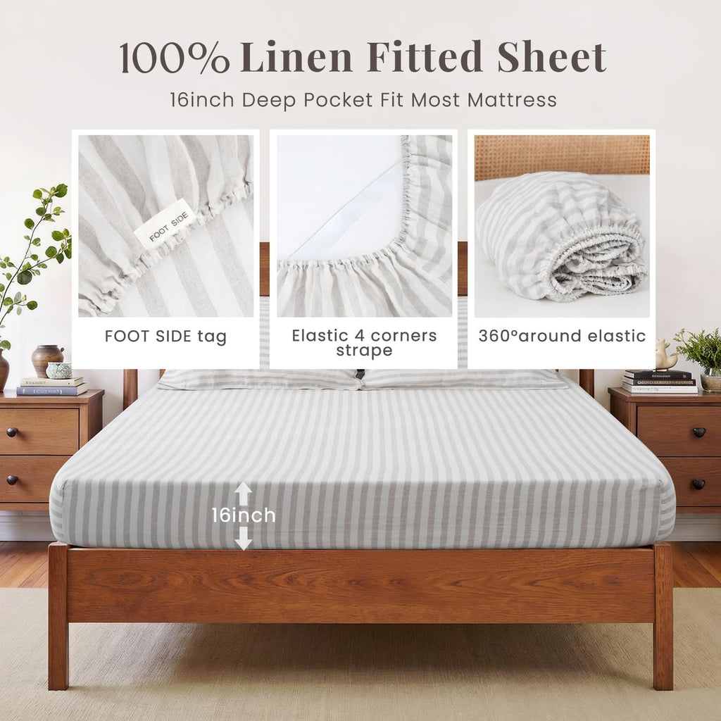 S VICTORY SYMBOL 100% Organic Linen Sheets Set,Yarn Dyed Classic Beige Stripe Sheets,French Natural Stone Washed Flax Bedding Set,4pcs Farmhouse Bed Sheets Full Size