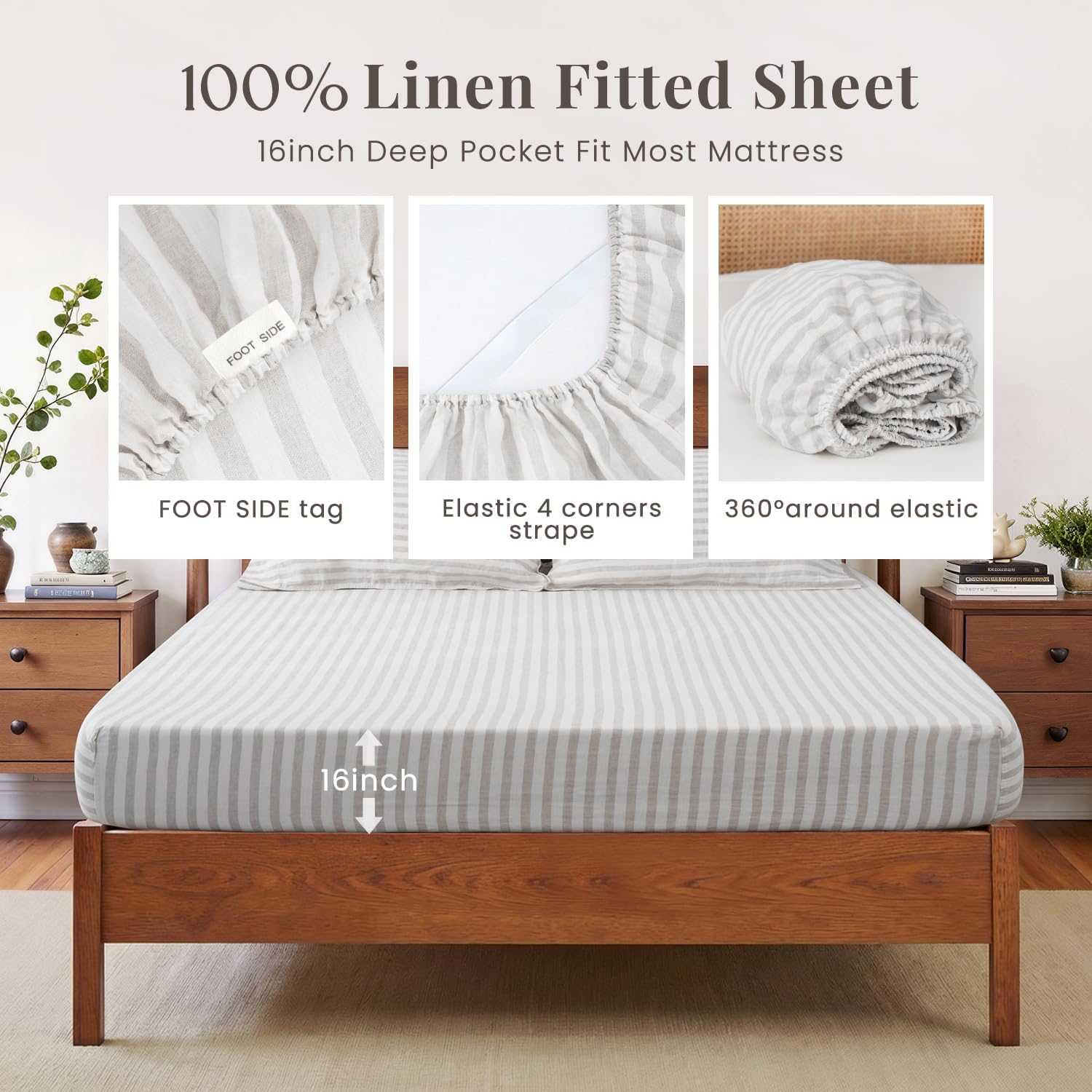 S VICTORY SYMBOL 100% Organic Linen Sheets Set Yarn Dyed Classic Beige Stripe,French Natural Stone Washed Flax Bedding Set,3pcs Farmhouse Bed Sheets Twin XL Size