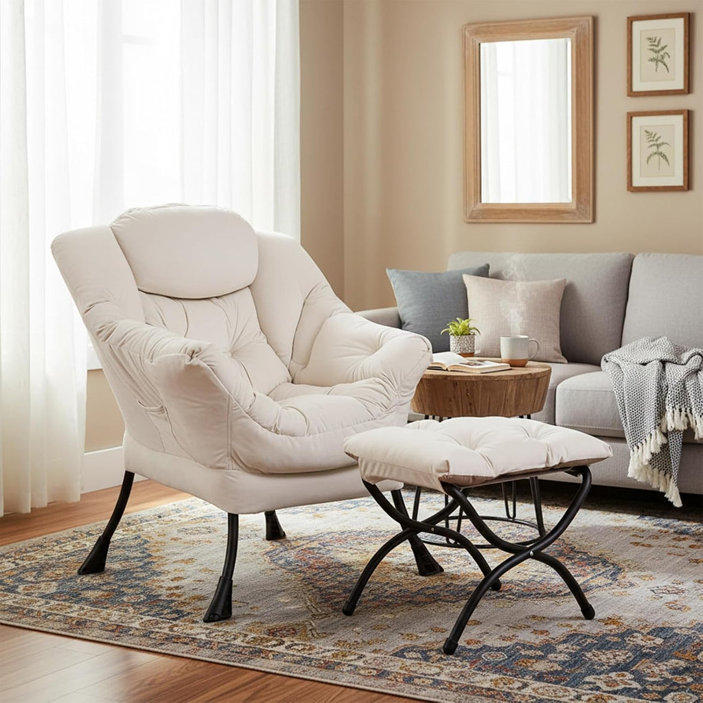 Welnow Lazy Chair with Ottoman, Modern Accent Chair with Armrests and a Side Pocket, Leisure Sofa Armchair, Reading Armchair with Footrest for Small Space, Beige