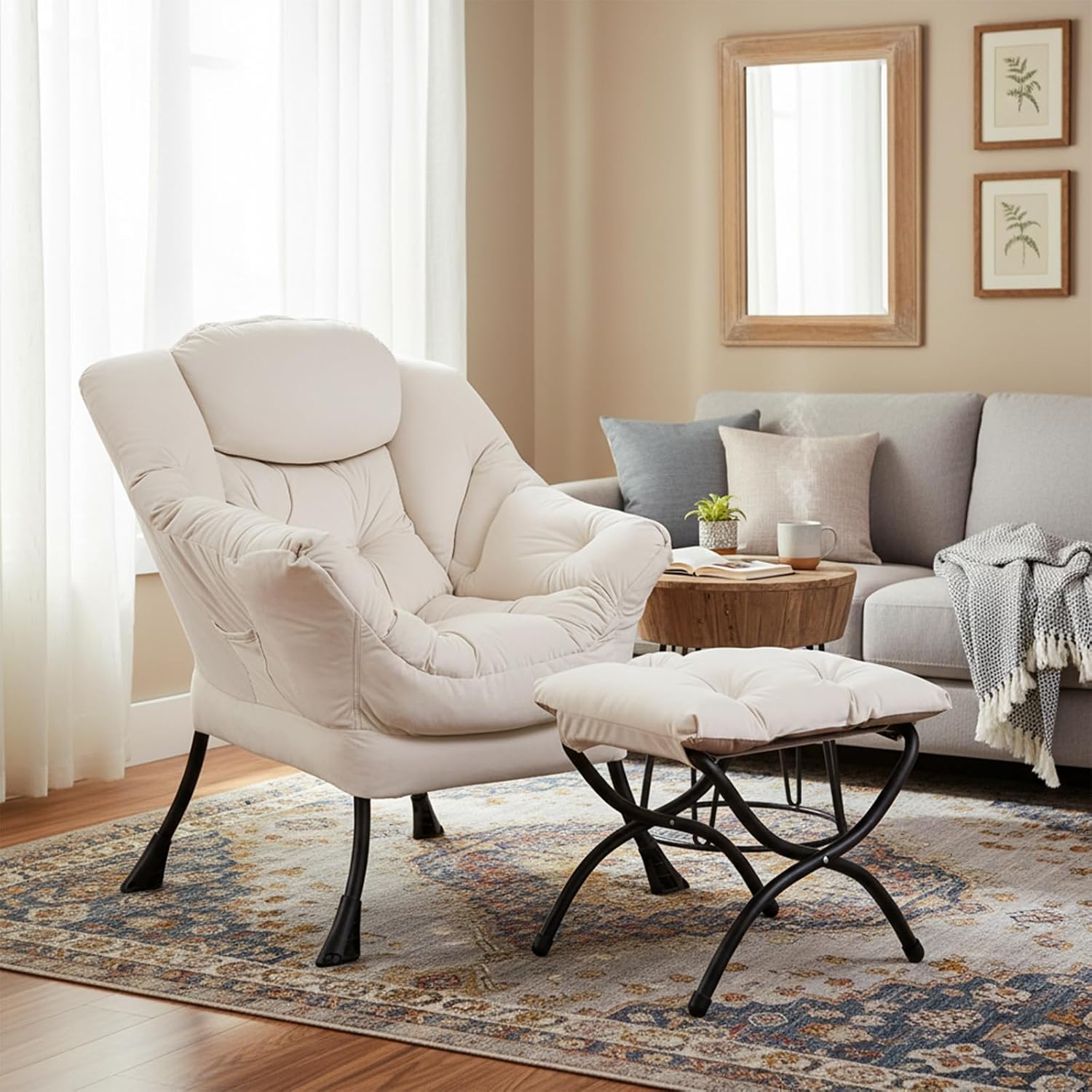 Welnow Lazy Chair with Ottoman, Modern Accent Chair with Armrests and a Side Pocket, Leisure Sofa Armchair, Reading Armchair with Footrest for Small Space, Beige