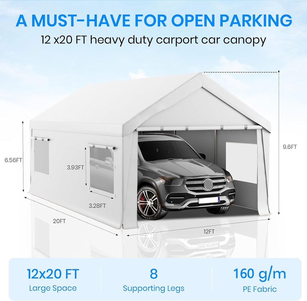 Carport 12x20 Heavy Duty Portable Garage,Carport Canopy with Roll-Up Windows & Doors,Portable Garage and Shelter with Removable Sidewalls,Car Tent Garage with All-Season Tarp for Boat Tractor Truck