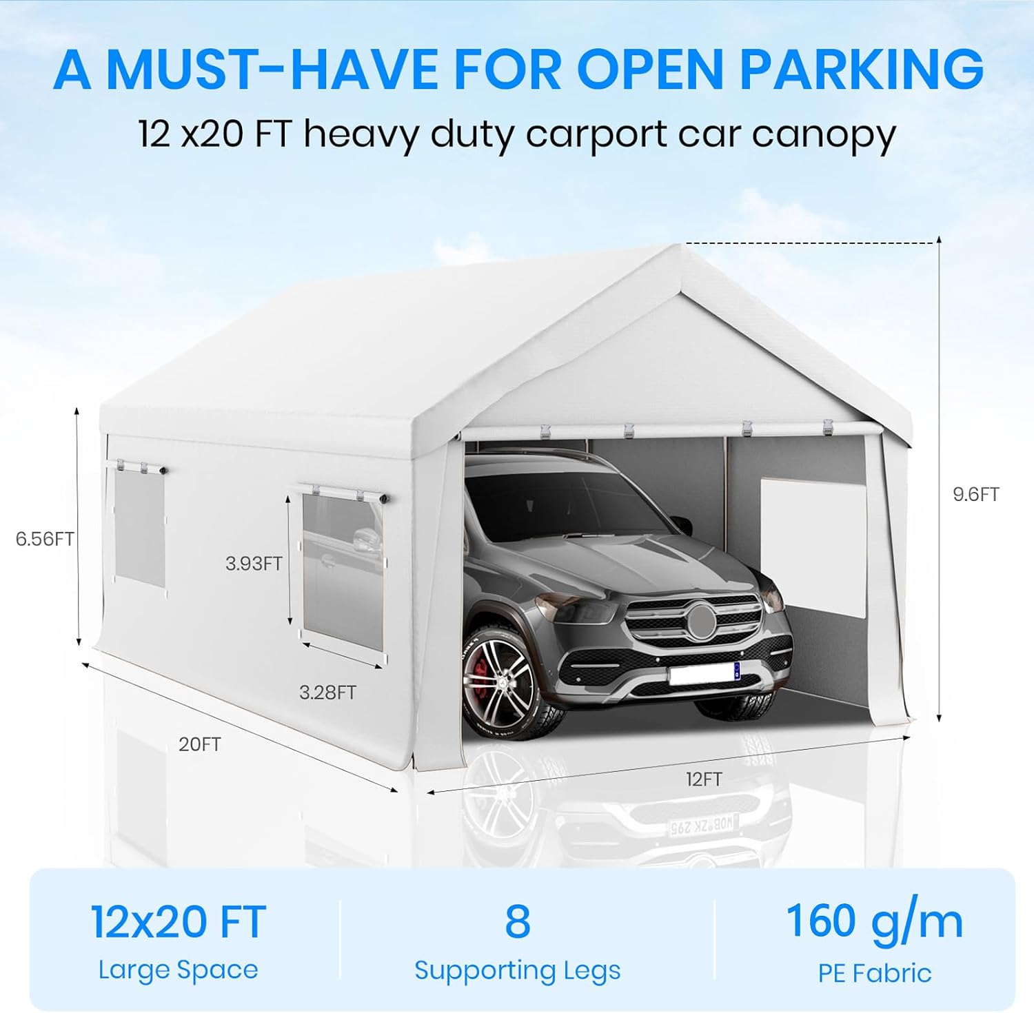 Carport 12x20 Heavy Duty Portable Garage,Carport Canopy with Roll-Up Windows & Doors,Portable Garage and Shelter with Removable Sidewalls,Car Tent Garage with All-Season Tarp for Boat Tractor Truck