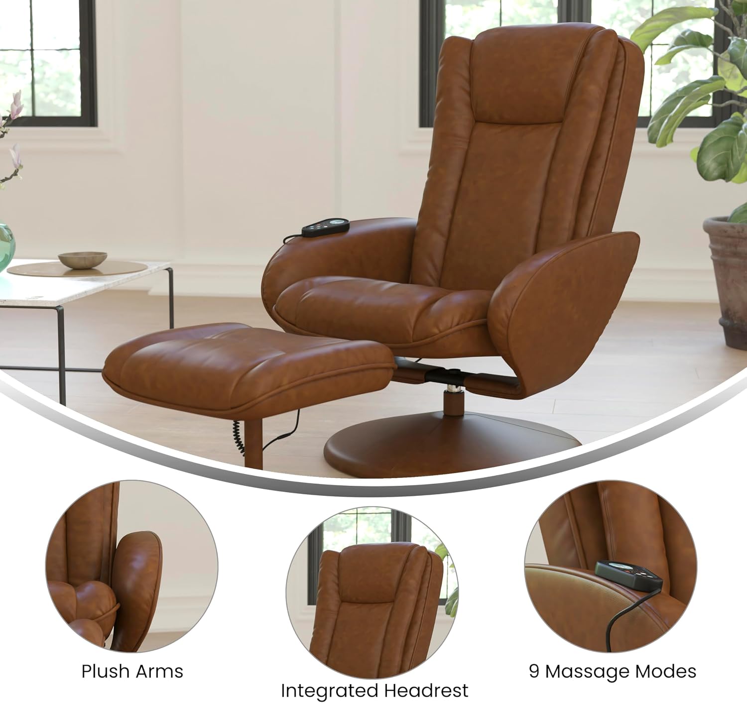 Flash Furniture Poppy Massaging Multi-Position Plush Recliner with Side Pocket and Ottoman in Brown LeatherSoft