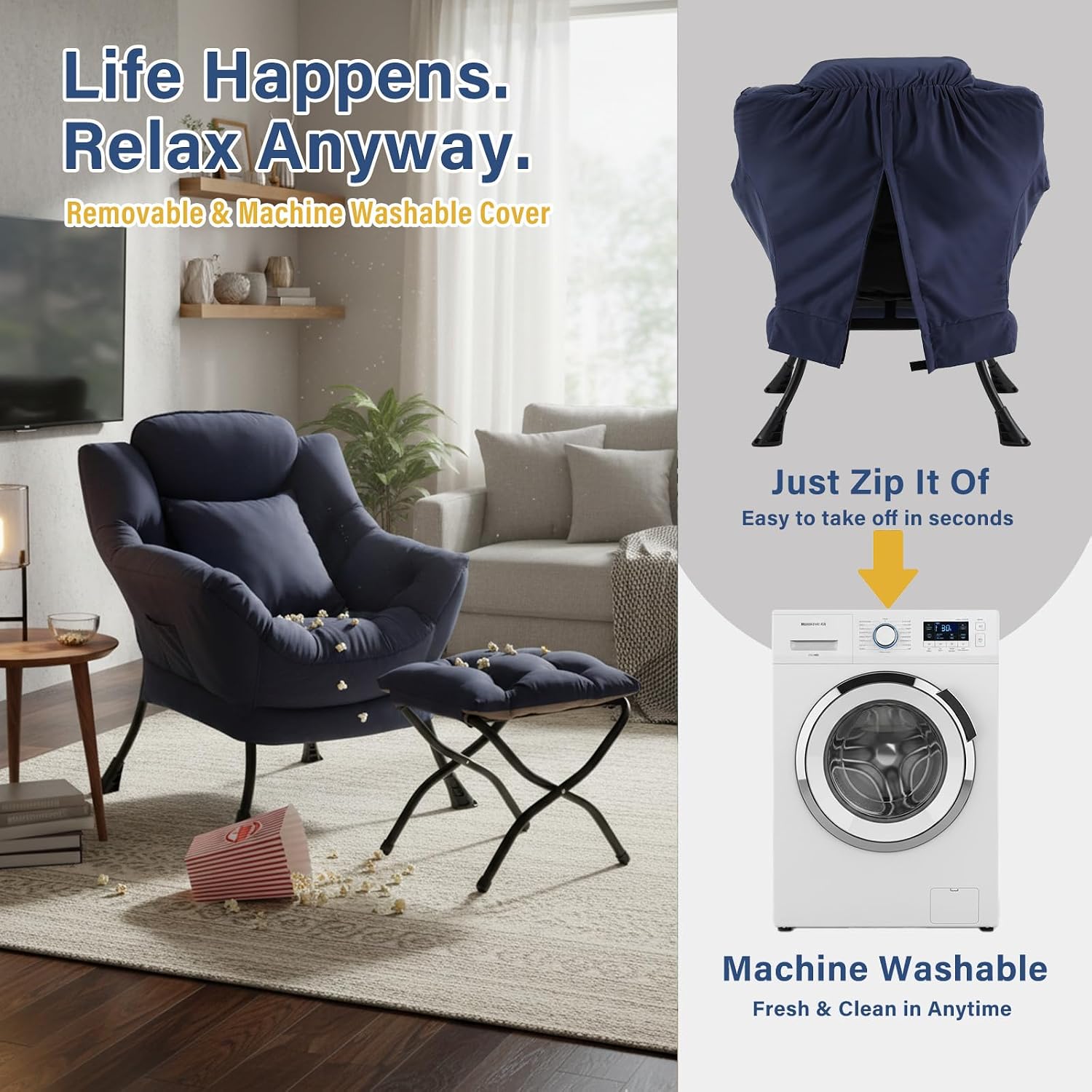 Lazy Chair with Ottoman, Large Accent Chair with Ottoman and a Throw Pillow, Navy Reading Chair for Living Room Bedroom Dorm Room Office Apartment Relaxing Use