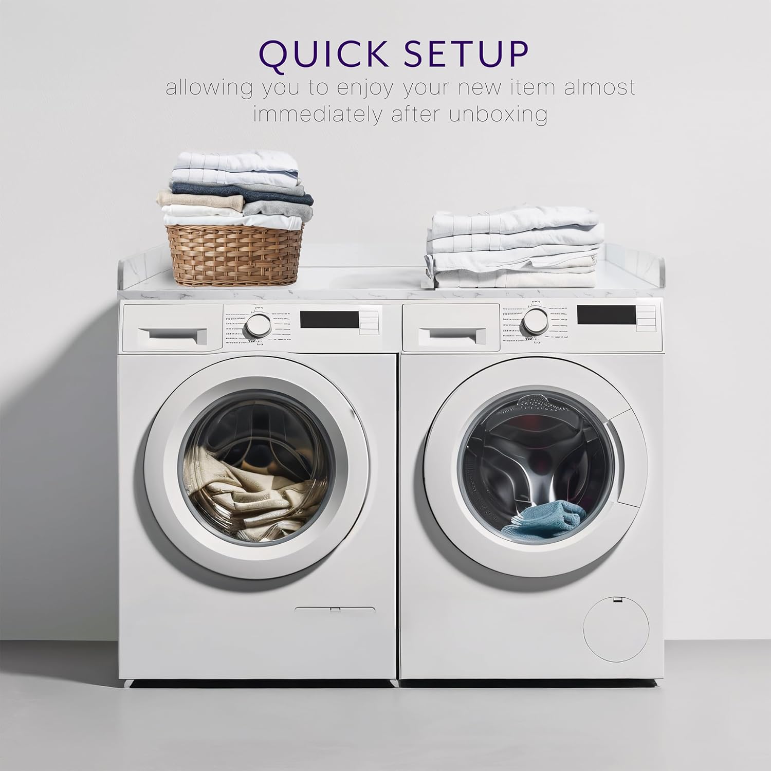 Life Finds 54 inch Washer Dryer Countertop with Safety Ledge for Laundry Room Organization, White Marble Pattern, LF-WDCT1WM