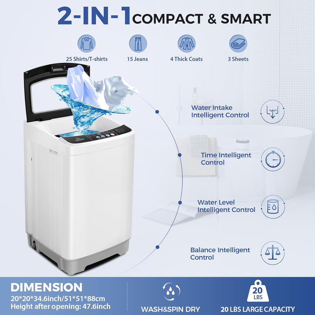 Nictemaw Portable Washing Machine, 20Lbs Capacity Full-Automatic Portable Washer with Drain Pump, 2.8Cu.ft Washer and Dryer Combo with 10 Programs & 8 Water Levels for Apartment, Dorms, RV- Glass Lid