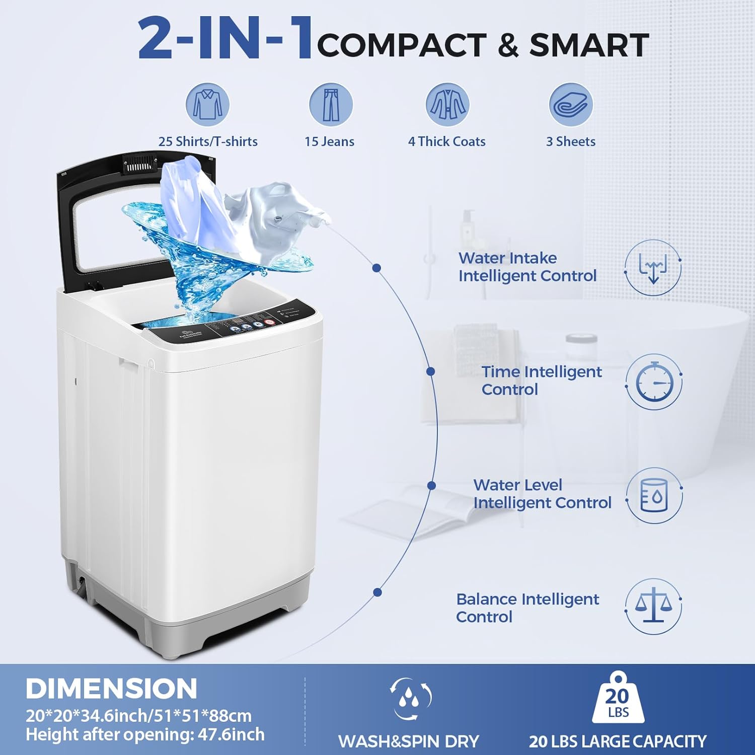 Nictemaw Portable Washing Machine, 20Lbs Capacity Full-Automatic Portable Washer with Drain Pump, 2.8Cu.ft Washer and Dryer Combo with 10 Programs & 8 Water Levels for Apartment, Dorms, RV- Glass Lid