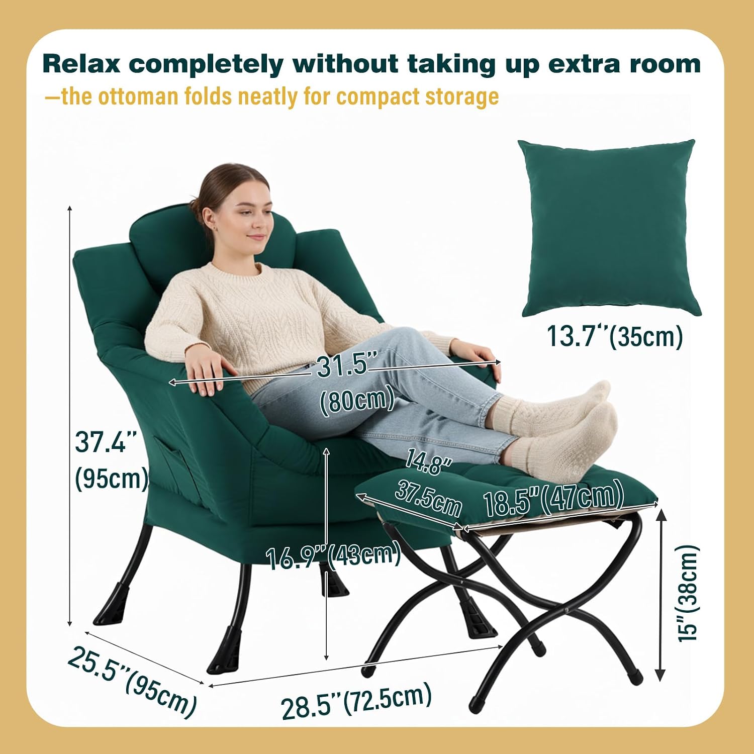 Lazy Chair with Ottoman, Large Accent Chair with Ottoman and a Throw Pillow, Dark Green Reading Chair for Living Room Bedroom Dorm Room Office Apartment Relaxing Use