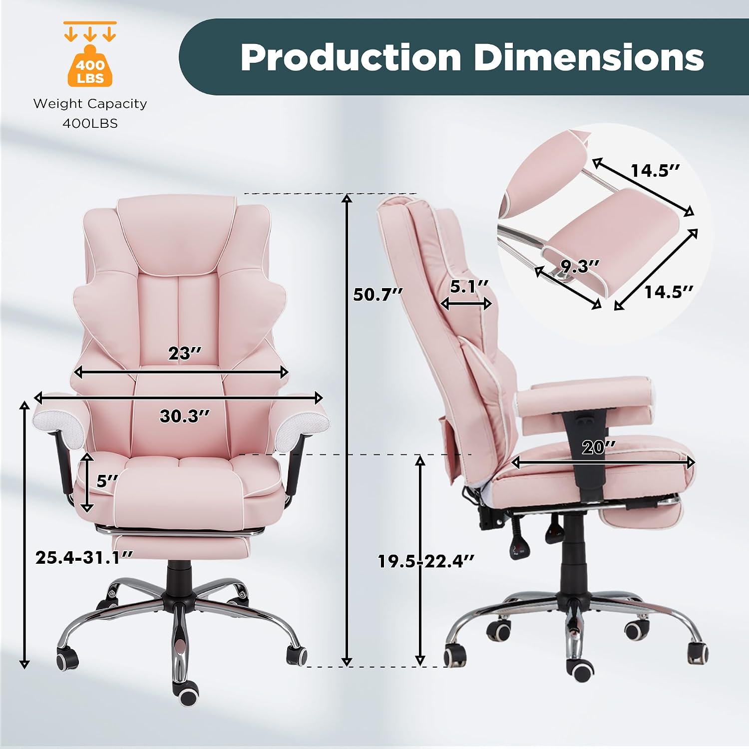 HOMREST Pink Ergonomic Office Chair with 6-Point Vibration Massage & Heat – Reclining Executive Chair with Adjustable Footrest and Armrests, PU Leather Big and Tall Home Office Desk Chair