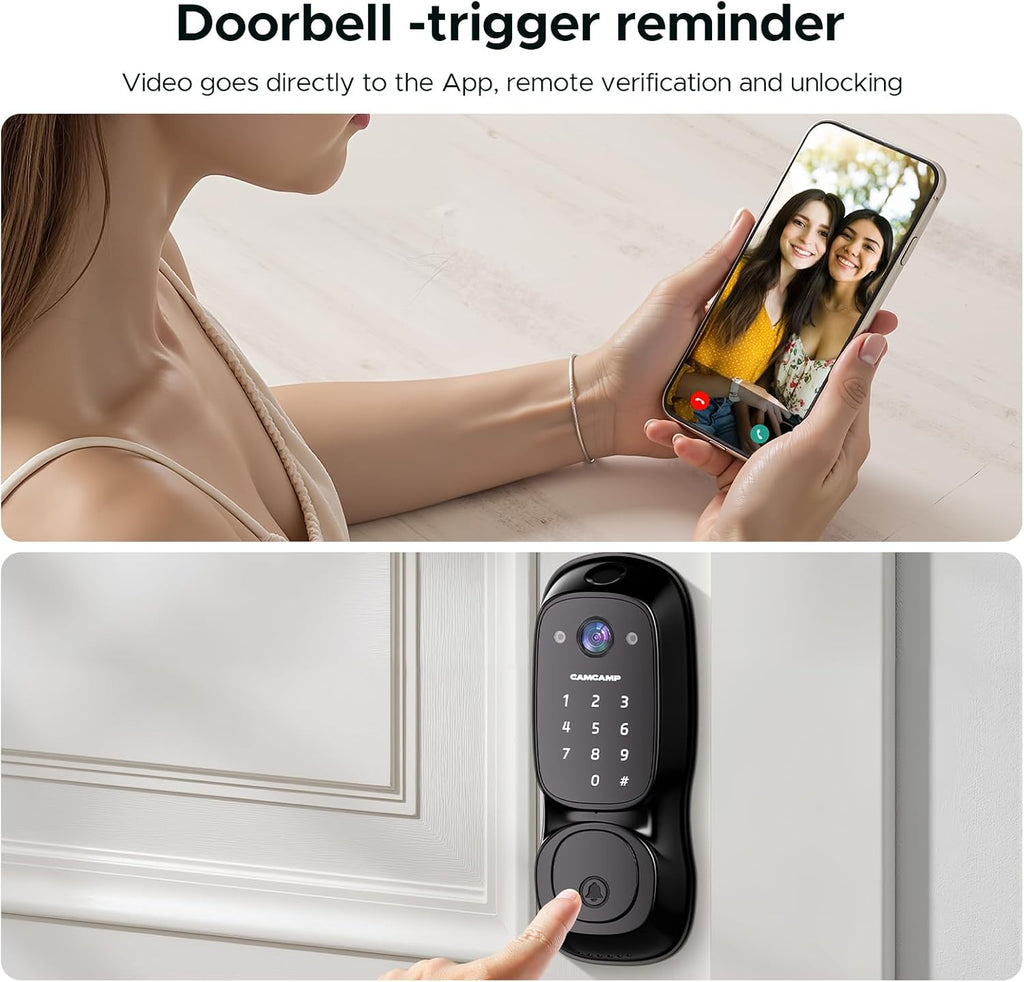 Camcamp Smart Door Lock,Fingerprint Keyless Entry Door Lock with Camera&Doorbell,Built-in Wi-Fi Deadbolt Smart Lock for Front Door,2-Way Audio,App Control,8Months Battery,Auto Locking,IP66Waterproof