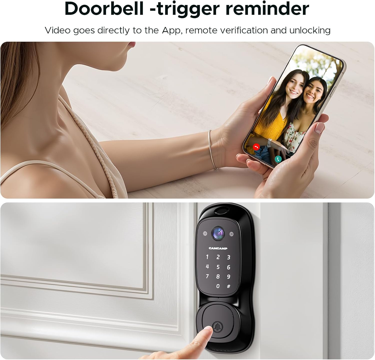 Camcamp Smart Door Lock,Fingerprint Keyless Entry Door Lock with Camera&Doorbell,Built-in Wi-Fi Deadbolt Smart Lock for Front Door,2-Way Audio,App Control,8Months Battery,Auto Locking,IP66Waterproof