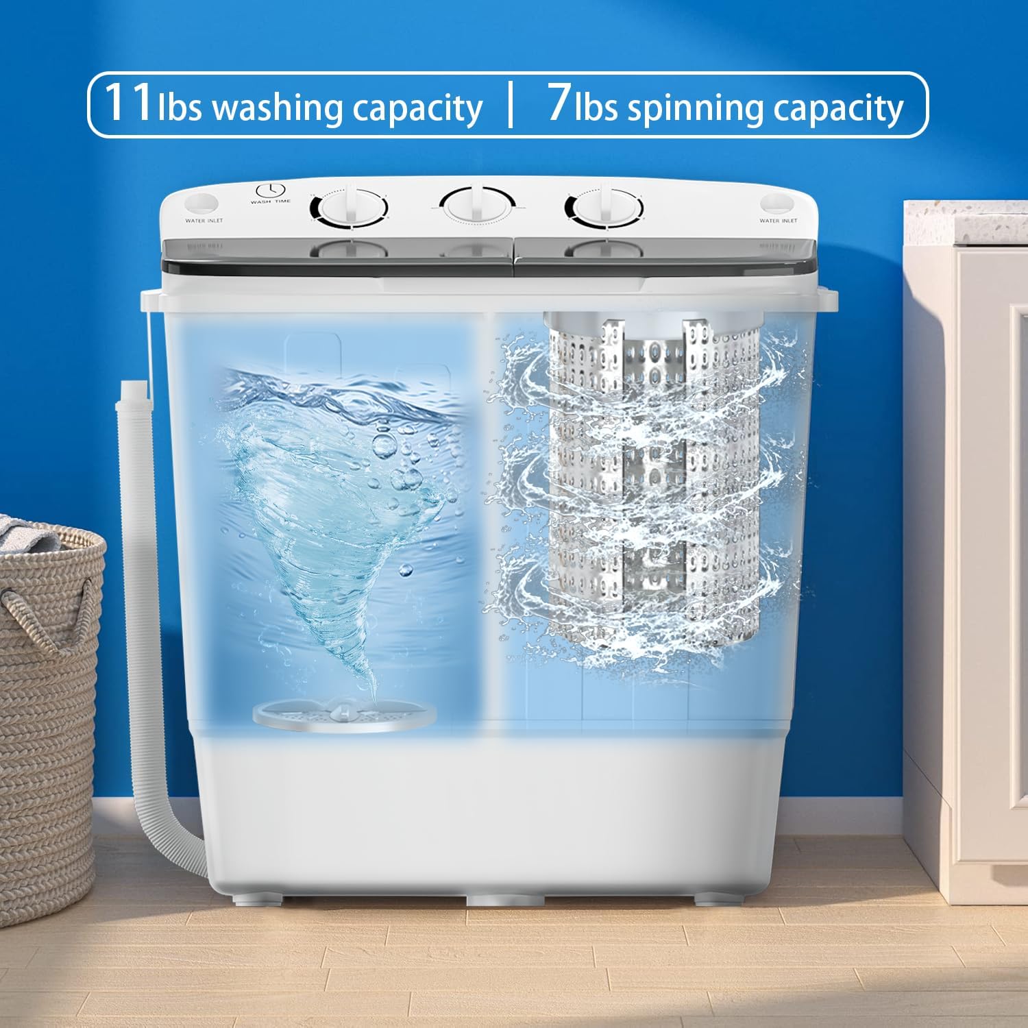Portable Twin Tub Washing Machine, Buy 1(washer) Get 1(Dry Rack) Free! 11 lbs Washer Mini Compact Laundry Machine and 7 lbs Spinner, Semi-automatic Combo for Dorms, Apartments(black)