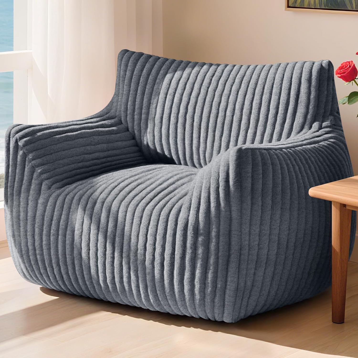 Giant Bean Bag Chair for Adults, Oversized Memory Foam Bean Bag Sofa with Armrests, Large Comfy Fluffy Single Lounges Mini Couch for Living Room, Bedroom & Dorm(Gray)