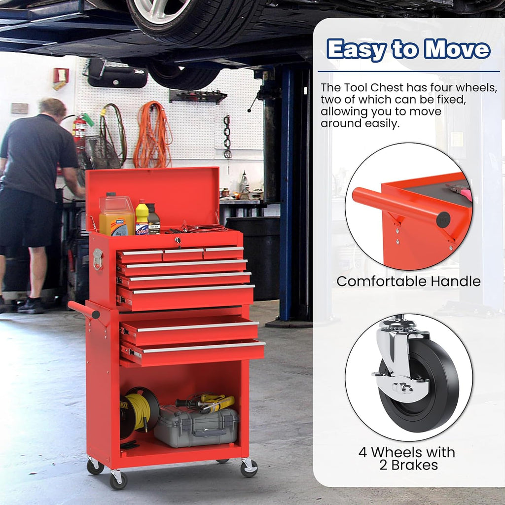 Rolling Tool Box with Wheels, 8-Drawer High Capacity Tool Chest with Wheels, Removable Storage Toolbox with Lock for Garage, Workshop (Red)