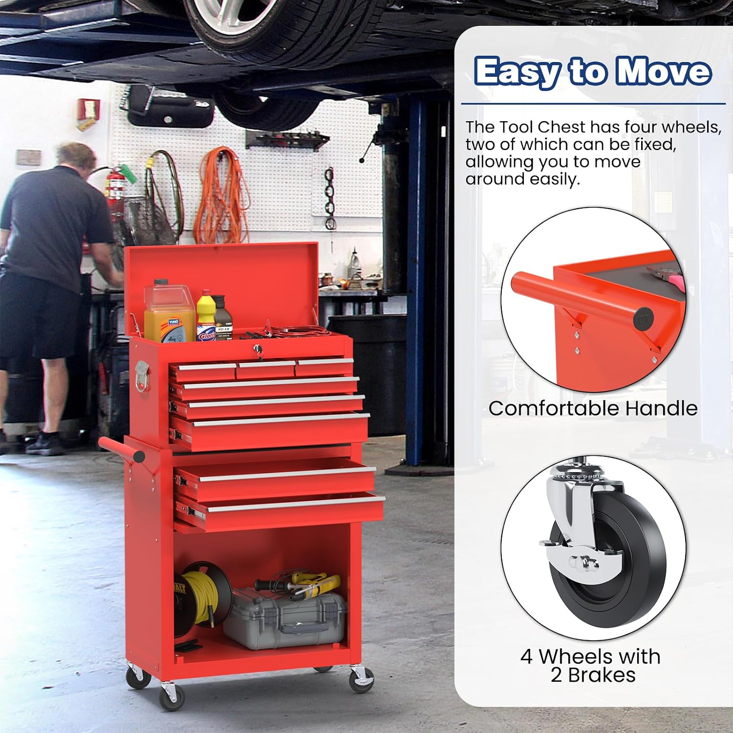 Rolling Tool Box with Wheels, 8-Drawer High Capacity Tool Chest with Wheels, Removable Storage Toolbox with Lock for Garage, Workshop (Red)