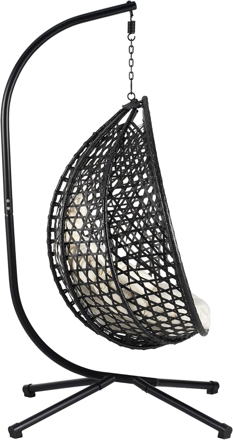 Egg Hanging Chair with Stand, Indoor Outdoor Hammock Egg Chair with Cushion for Patio Bedroom Balconyg Egg Chair (Beige+Beige)