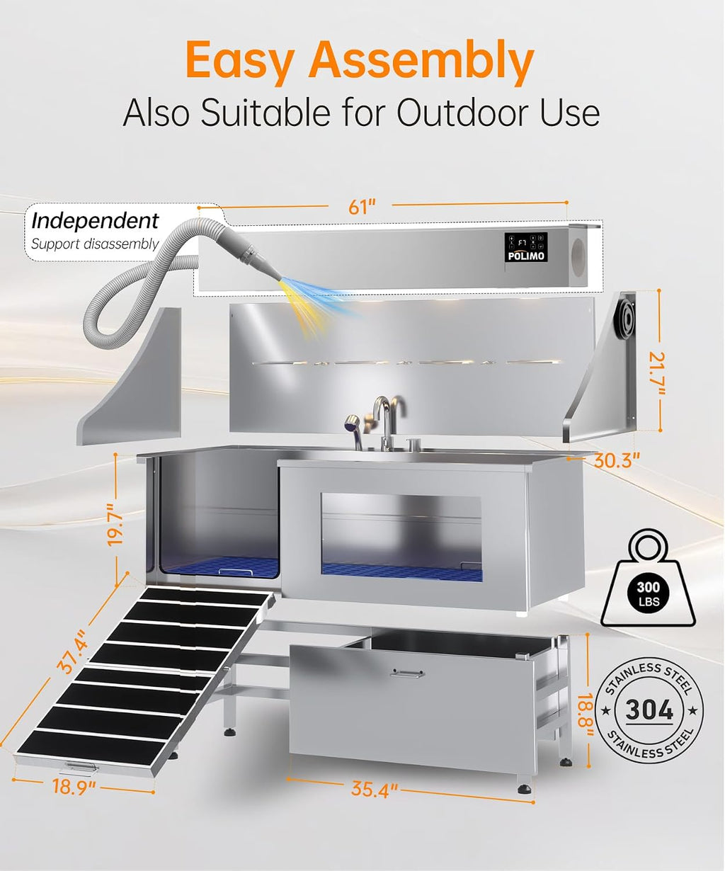POLIMO Dog Washing Station with Built-in Pet Dryer and LED Display 61' (Left Ramp), 304 Stainless Steel Dog Bathtub for Large Medium Small Dogs, Wash and Dry Grooming Tub with Faucet, Storage Drawer