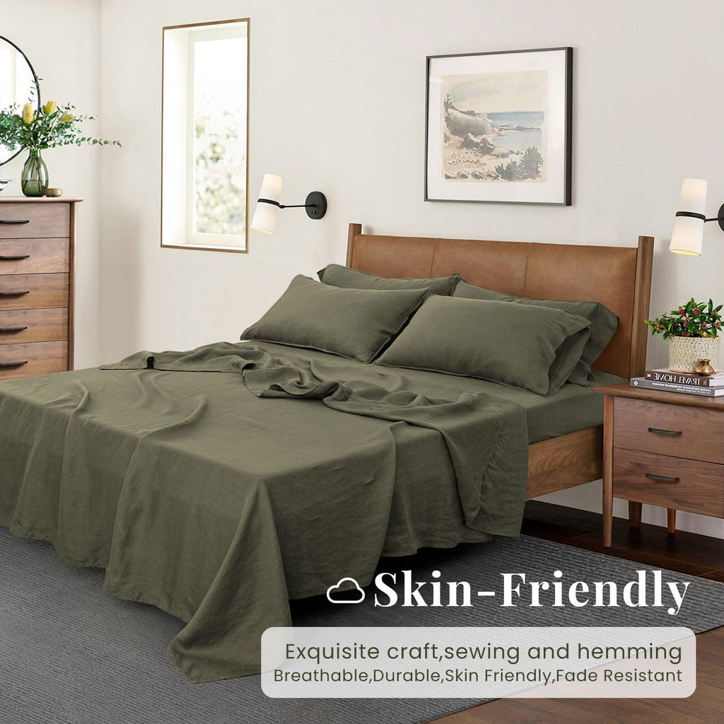 S VICTORY SYMBOL 100% Organic Linen Sheets Set King Size,Washed French Flax Bed Sheets 4Pcs(2 Pillowcases,1 Fitted Sheet,1 Flat Sheet) Breathable Soft,Burnt Olive