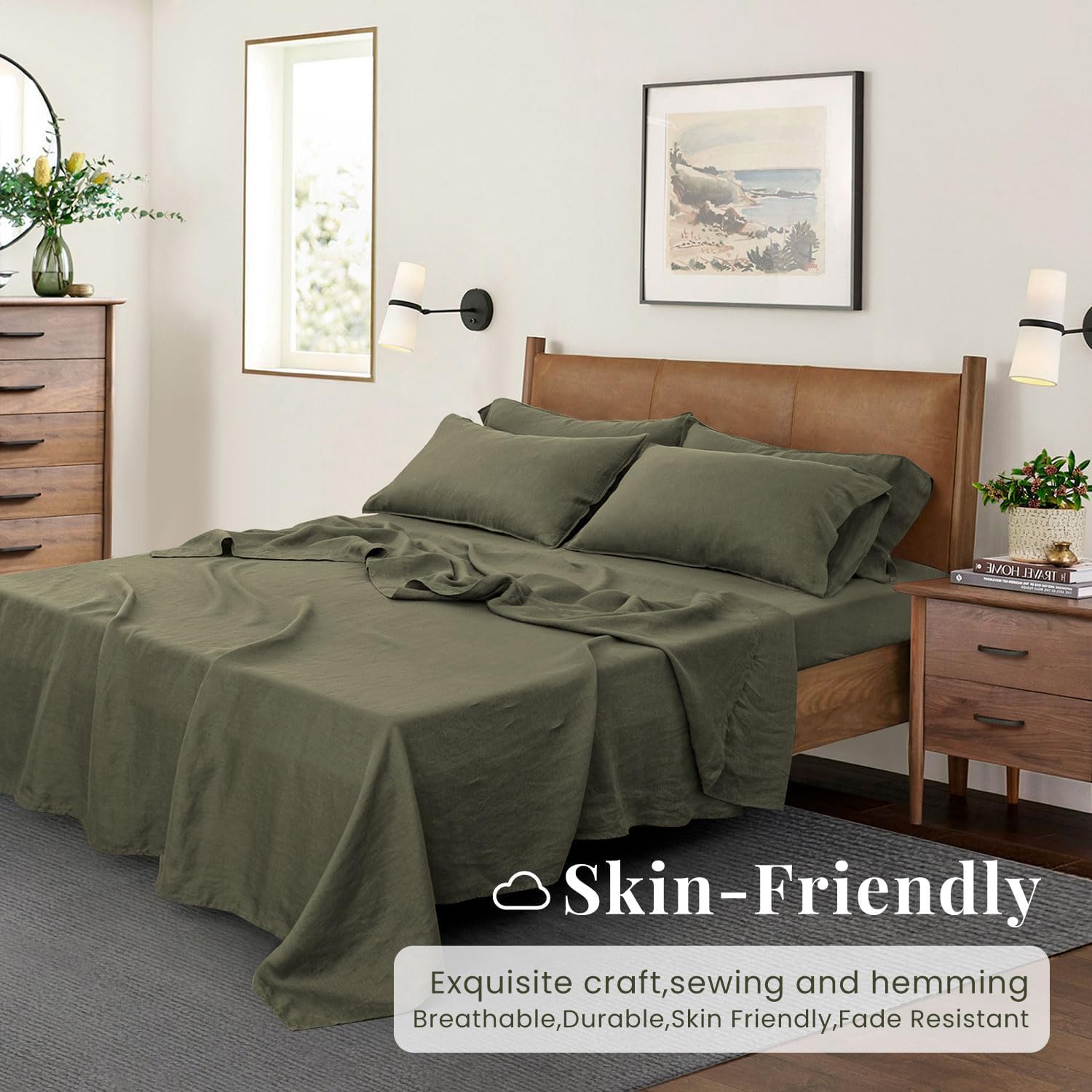 S VICTORY SYMBOL 100% Organic Linen Sheets Set King Size,Washed French Flax Bed Sheets 4Pcs(2 Pillowcases,1 Fitted Sheet,1 Flat Sheet) Breathable Soft,Burnt Olive