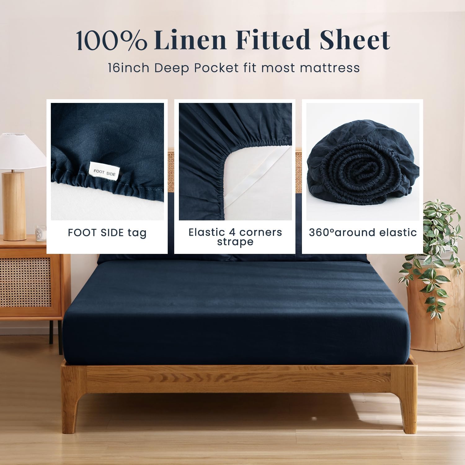 S VICTORY SYMBOL 100% Organic Linen Sheets Set,French Natural Bedding,Ultra Soft Luxurious Stone Washed Flax 4 Pieces Sheets Set(Navy,King)
