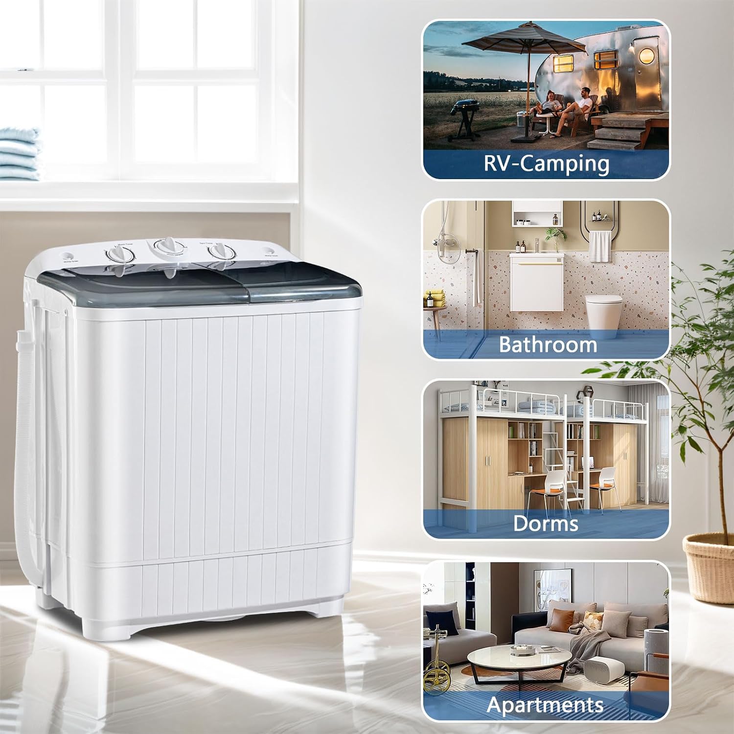 Portable Mini Twin Tub 32lbs Washing Machine With Drying Rack& 10 Hangers, 20lbs Washer & 12lbs Spinner, Small Laundry Washer with Time Control for Camping, Apartments, RV (32lbs)