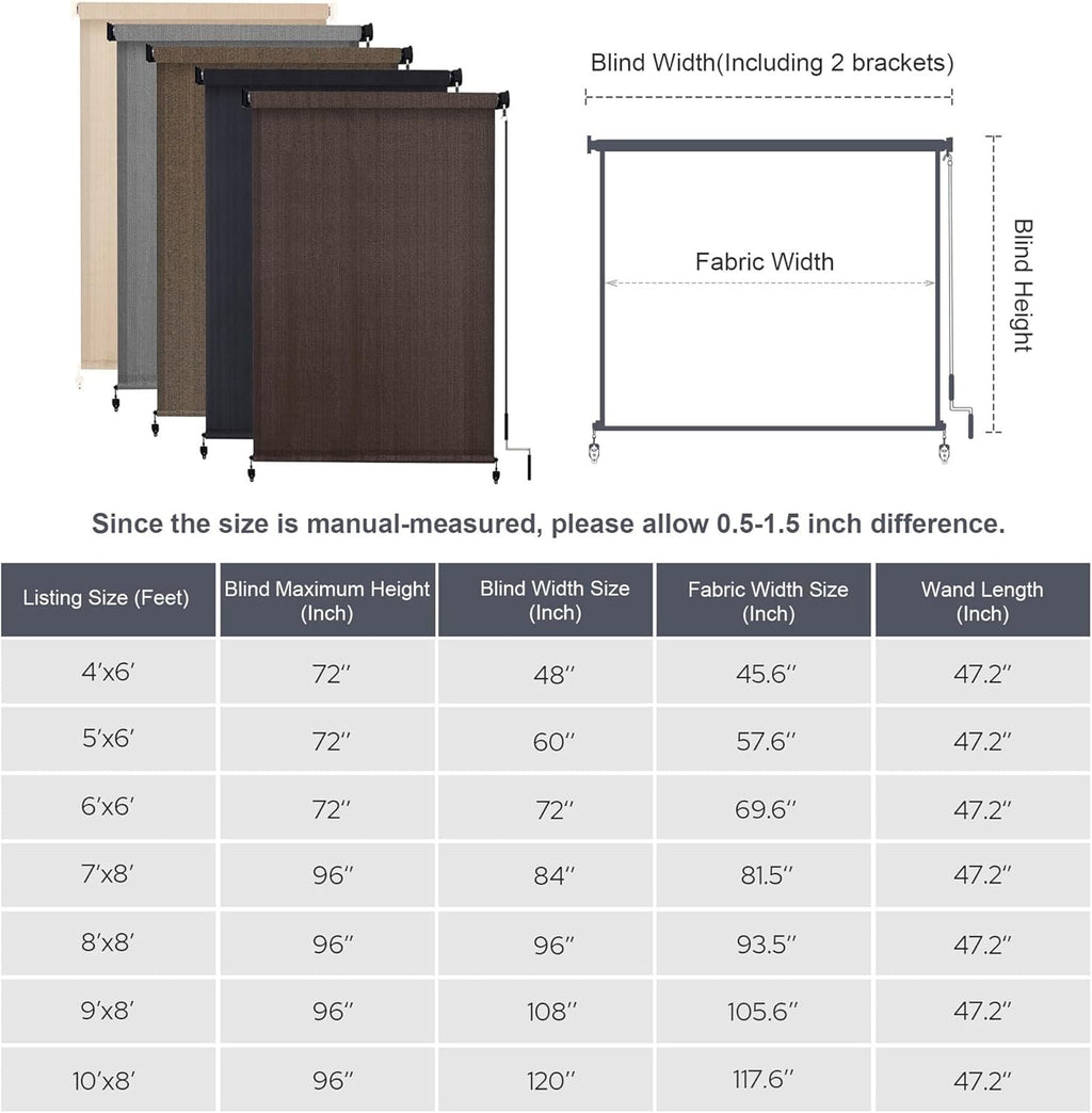 VICLLAX Outdoor Roller Shade (10' W×8' L), Patio Cordless Roller Blinds, Exterior Roll Up Shade with Spliced Design for Patio Porch Gazebo, Graphite