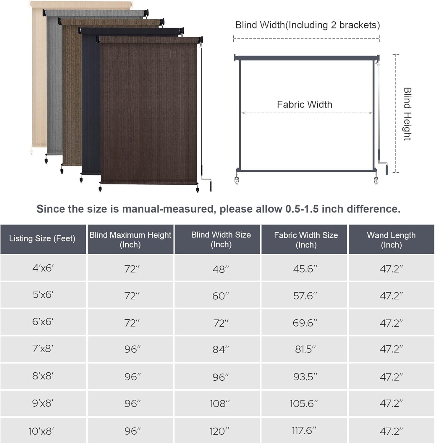 VICLLAX Outdoor Roller Shade (10' W×8' L), Patio Cordless Roller Blinds, Exterior Roll Up Shade with Spliced Design for Patio Porch Gazebo, Graphite