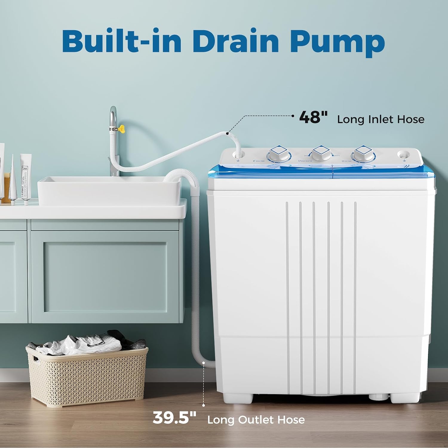 COSTWAY Portable Washing Machine, Twin Tub 20 Lbs Capacity with Drain Pump, Laundry Washer 12 Lbs and Spinner 8 Lbs with Timer Control, Perfect for Apartment Dorm RV, Blue+White