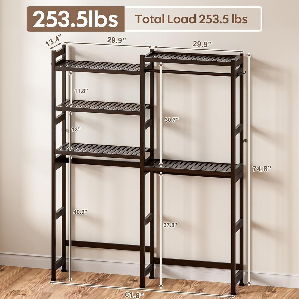 Cozivolife Over The Washer and Dryer Storage Shelf Bamboo,5 Tiers Laundry Room Drying Rack with Adjustable Shelves and 4 Hooks,Space Saver Organizer for Hanging Clothes and Towels (Brown)
