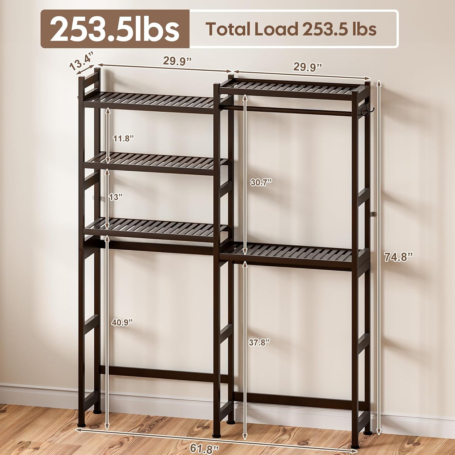 Cozivolife Over The Washer and Dryer Storage Shelf Bamboo,5 Tiers Laundry Room Drying Rack with Adjustable Shelves and 4 Hooks,Space Saver Organizer for Hanging Clothes and Towels (Brown)