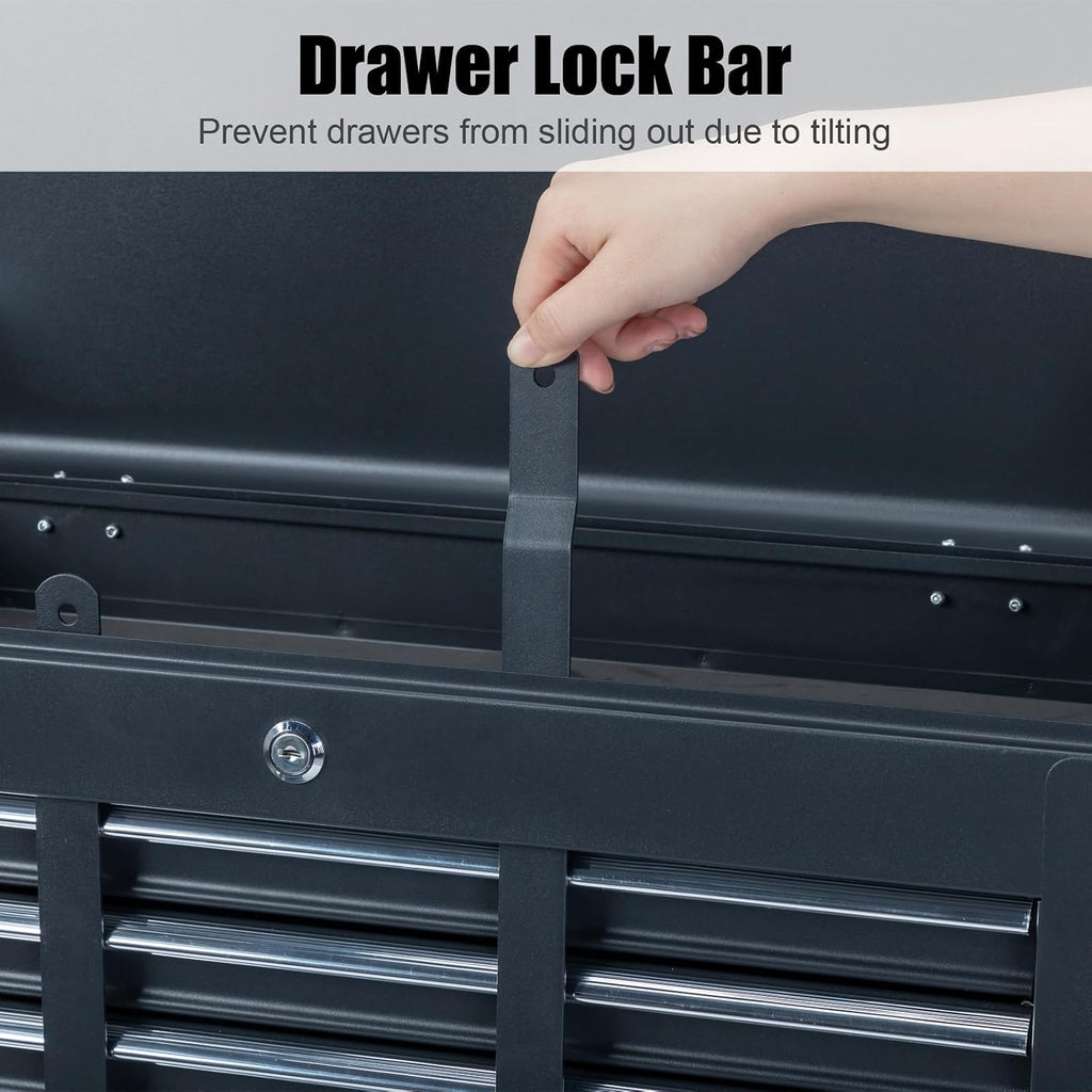 Metal Tool Box, 5-Layer Drawers & Top Storage Tray Tool Box with Lock Safety and Handle, 24' Portable Tool Chest Cabinet for Garage, Warehouse, Home, Black